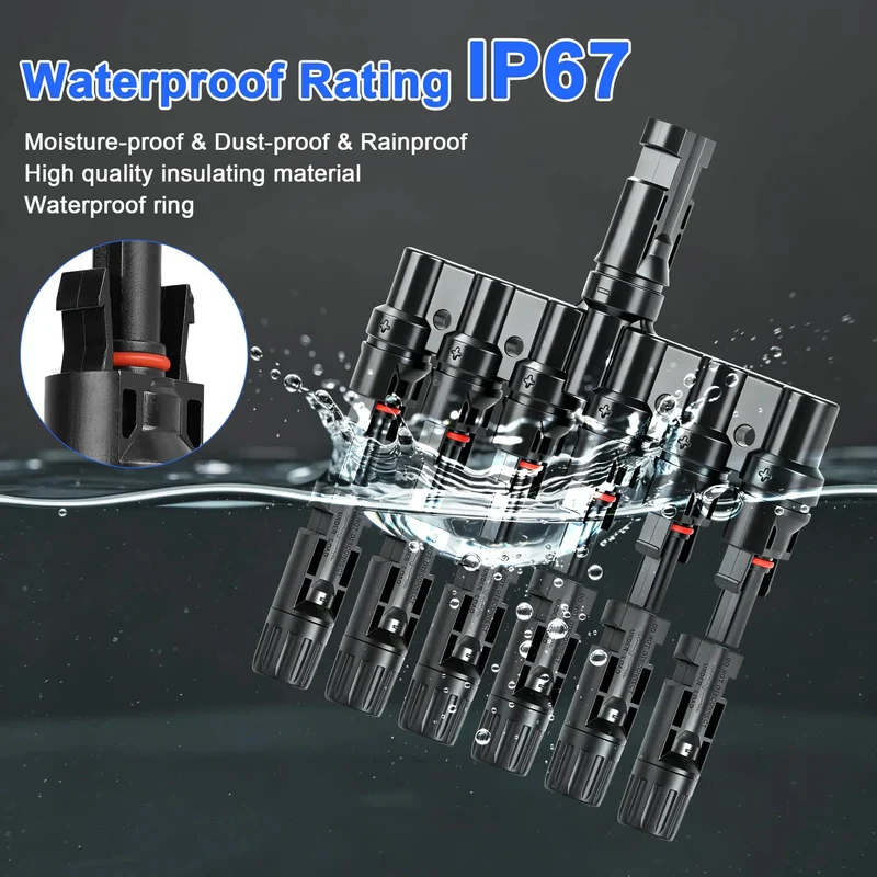Built Like A Tank Solar Panel MC4 T Branch Connector 1 Male To 6 Female And 1 Female To 6 Male Plug And Play Wiring Harness IP67 Waterproof T Type Combiner 1 Pair