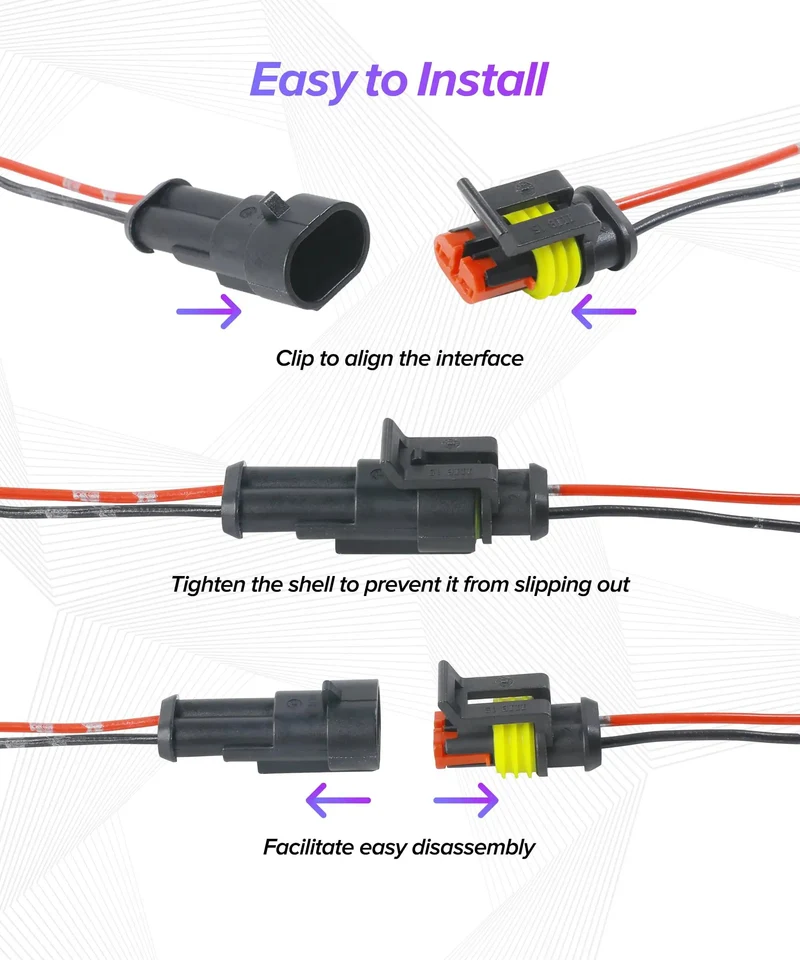Rock-Solid Waterproof Electrical Auto Wire Connectors 2-Pin Plug-In Terminals Tough Nylon Brass Pins Dustproof Rubber Seal For Car Truck Boat Motorcycle Quick Hook Up 10 Count