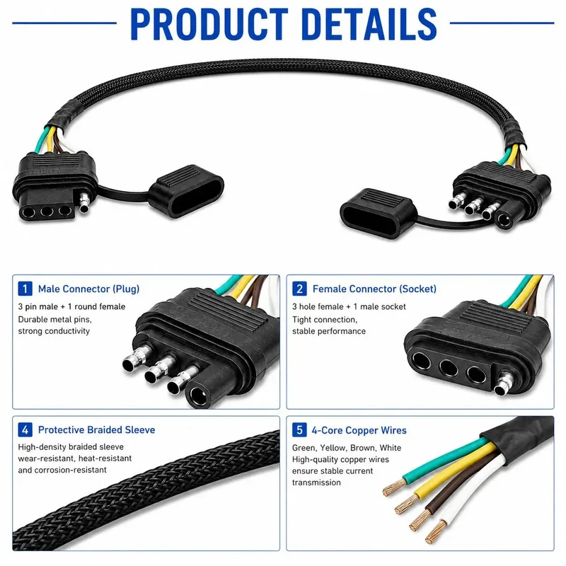 24 Inch 18AWG 4 Pin Trailer Wire Extension And 4 Way Flat Wiring Harness With Dust Cover Straight Up Pure Copper 4 Prong Light Plug Connector For Car RV Campers And Truck Towing Hella Durable Gear Zero Hassle Hook Up