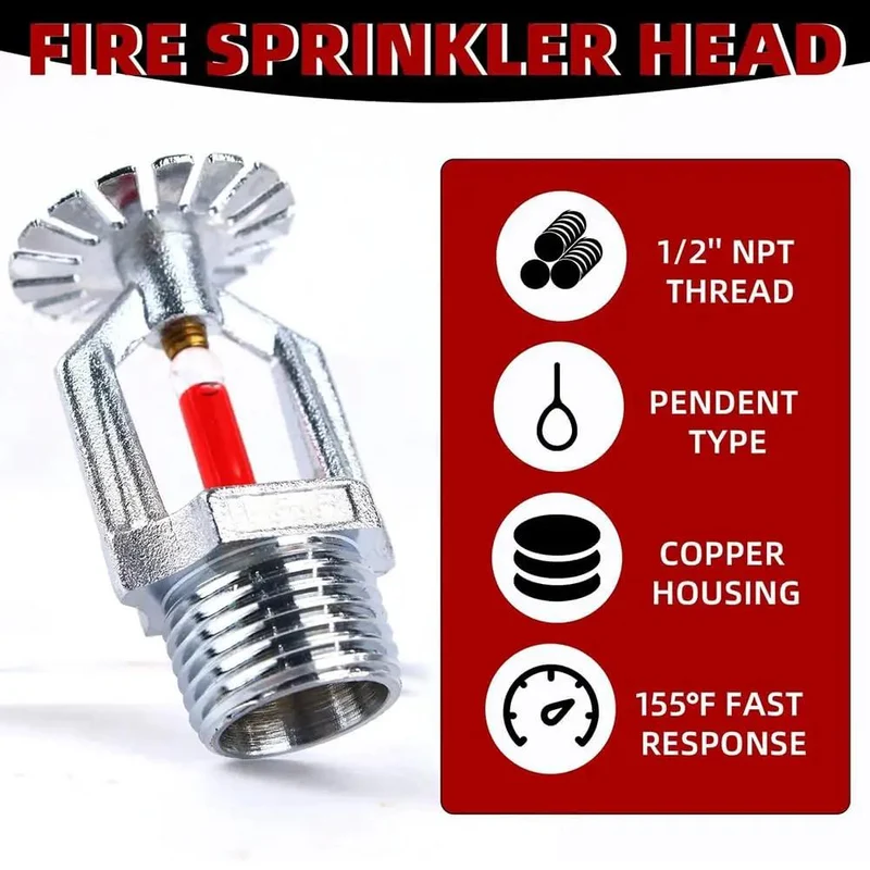 Straight Up Heavy Duty Six Pack Copper Chrome Fire Sprinkler Heads 1/2 Inch NPT Pendent Style Automatic K80 Fast Response System Built Tough For Killer Emergency Protection At 155 Degrees Fahrenheit