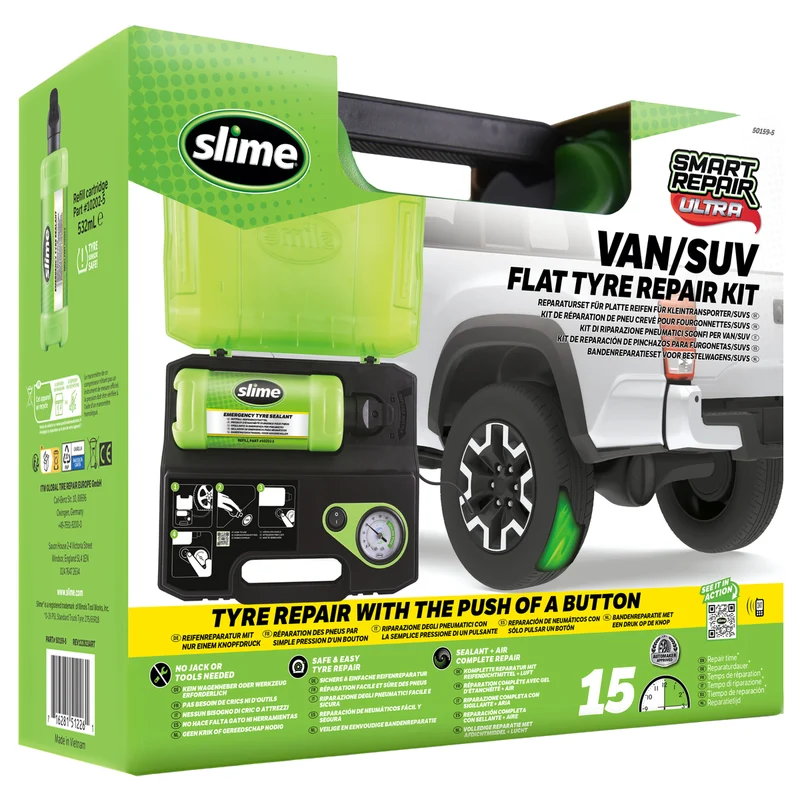 KIT ANTI-CREVAISON A INJECTION AUTOMATIQUE AVEC BOUTEILLE INTEGREE 532ML ET COMPRESSEUR SLIME