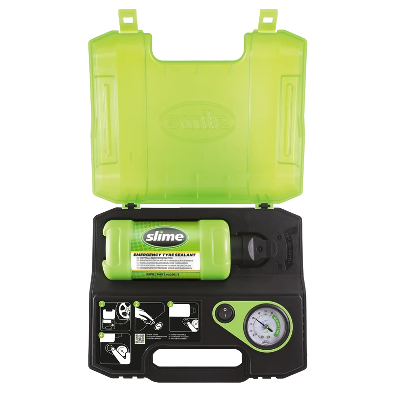 KIT ANTI-CREVAISON A INJECTION AUTOMATIQUE AVEC BOUTEILLE INTEGREE 414ML ET COMPRESSEUR SLIME