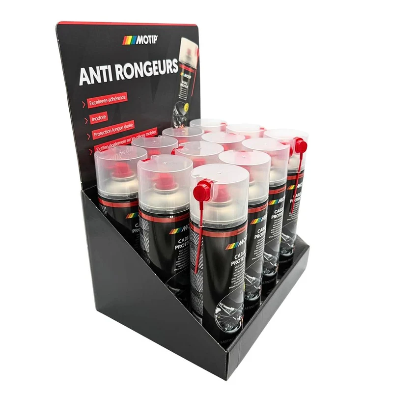 PRESENTOIR DE COMPTOIR 12 AEROSOLS ANTI-RONGEUR 500ML MOTIP