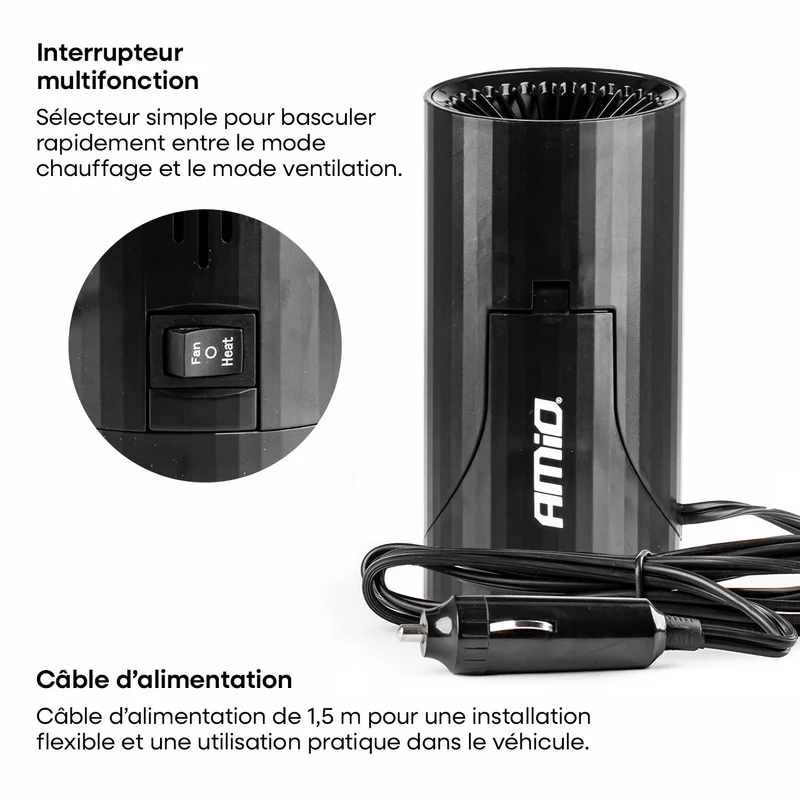 CHAUFFAGE, DEGIVRANT 12V 150W AMOVIBLE SUR PIED OU FIXE DANS PORTE-GOBELET AMIO